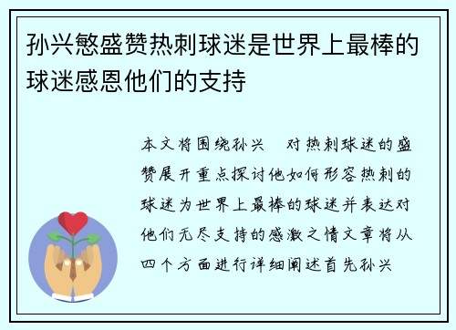 孙兴慜盛赞热刺球迷是世界上最棒的球迷感恩他们的支持